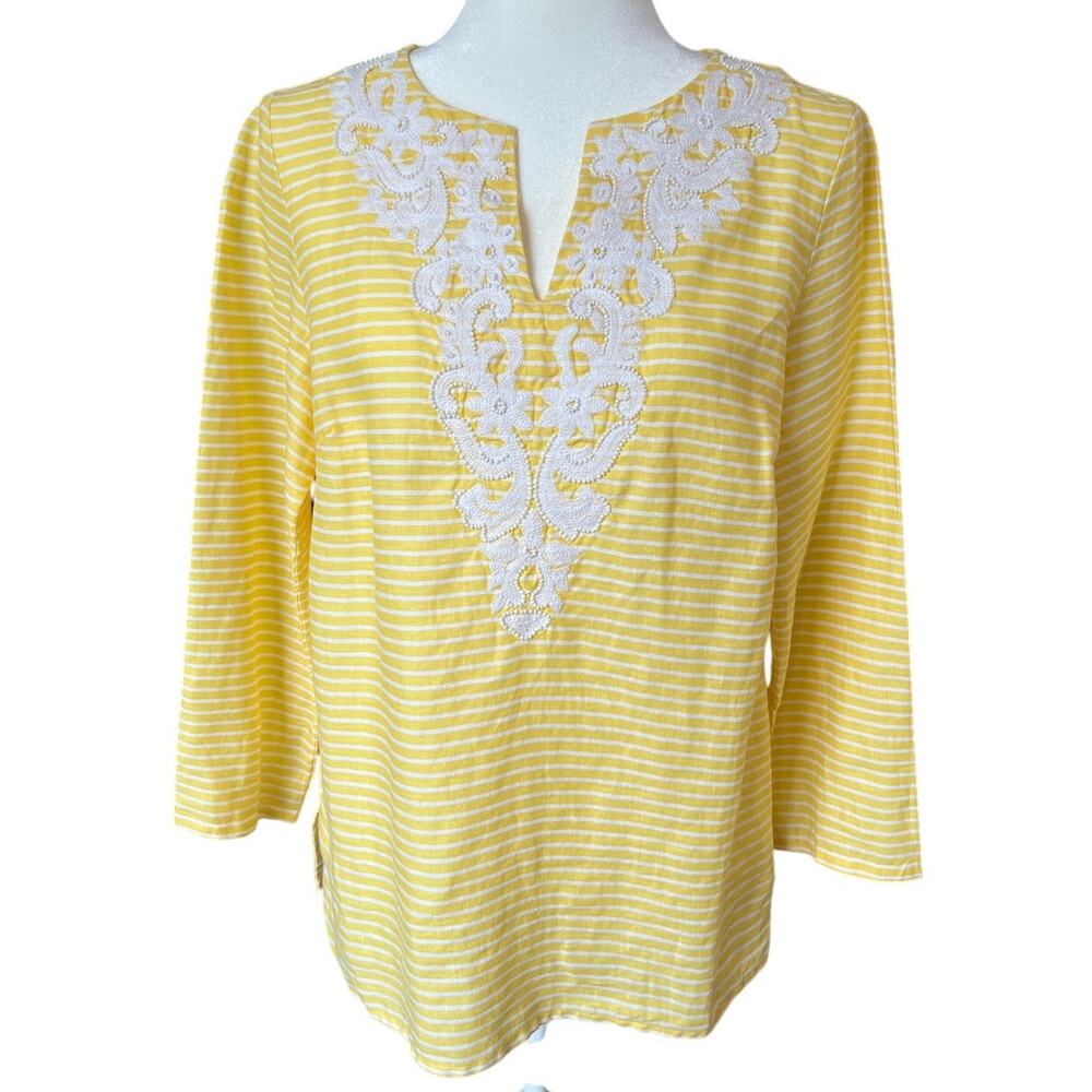 Talbots 100% Linen Yellow Striped Beaded Tunic Women's Size S Embroidery Preppy
